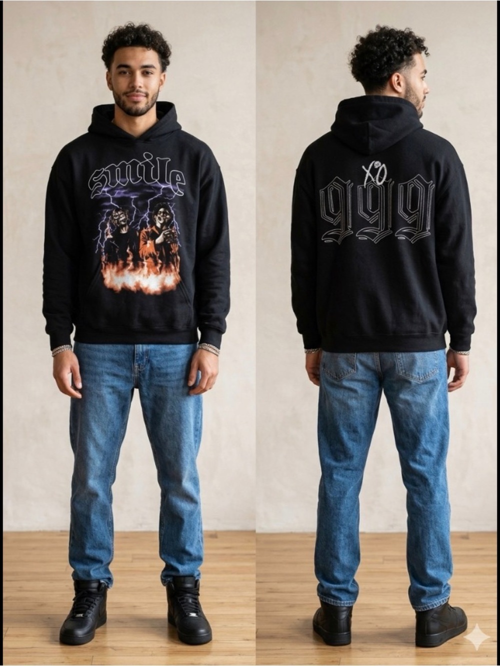 The Weeknd XO x Juice WRLD 999 Club Goth Black Graphic Smile Hoodie Sweatshirt